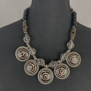 Vintage Tribal Style Bib Necklace Black & White Geometric Etched Resin Beads